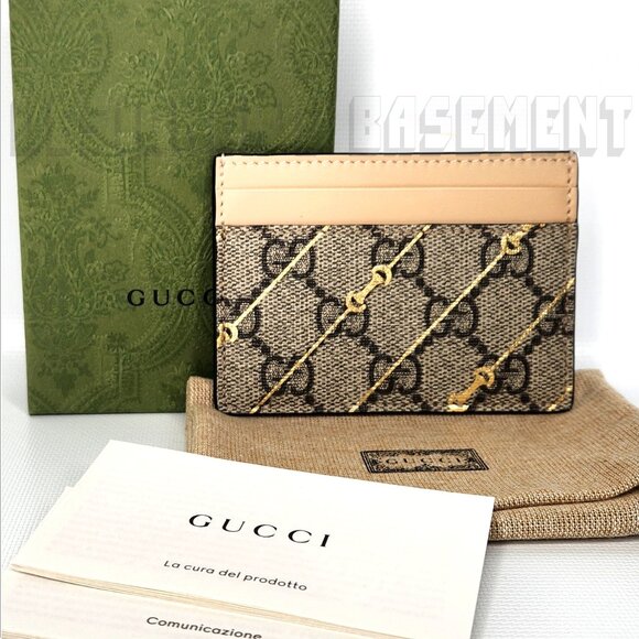 GUCCI beige Leather gold Horsebit print GG Supreme Canvas Card Case wallet NIB🎁 - Picture 2 of 5
